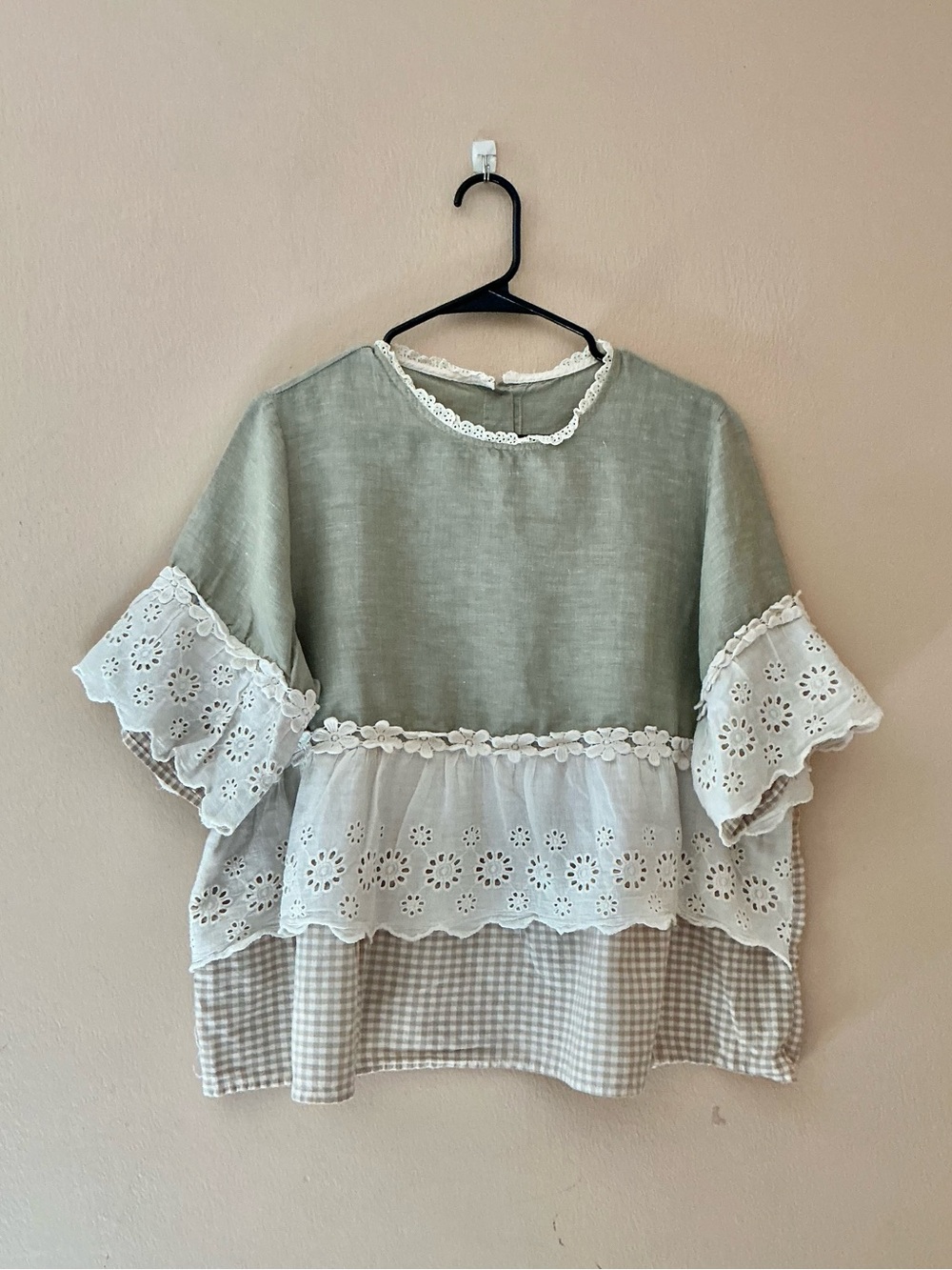 Sage and White Eyelet Linen &Cotton Layered Peasant Tunic